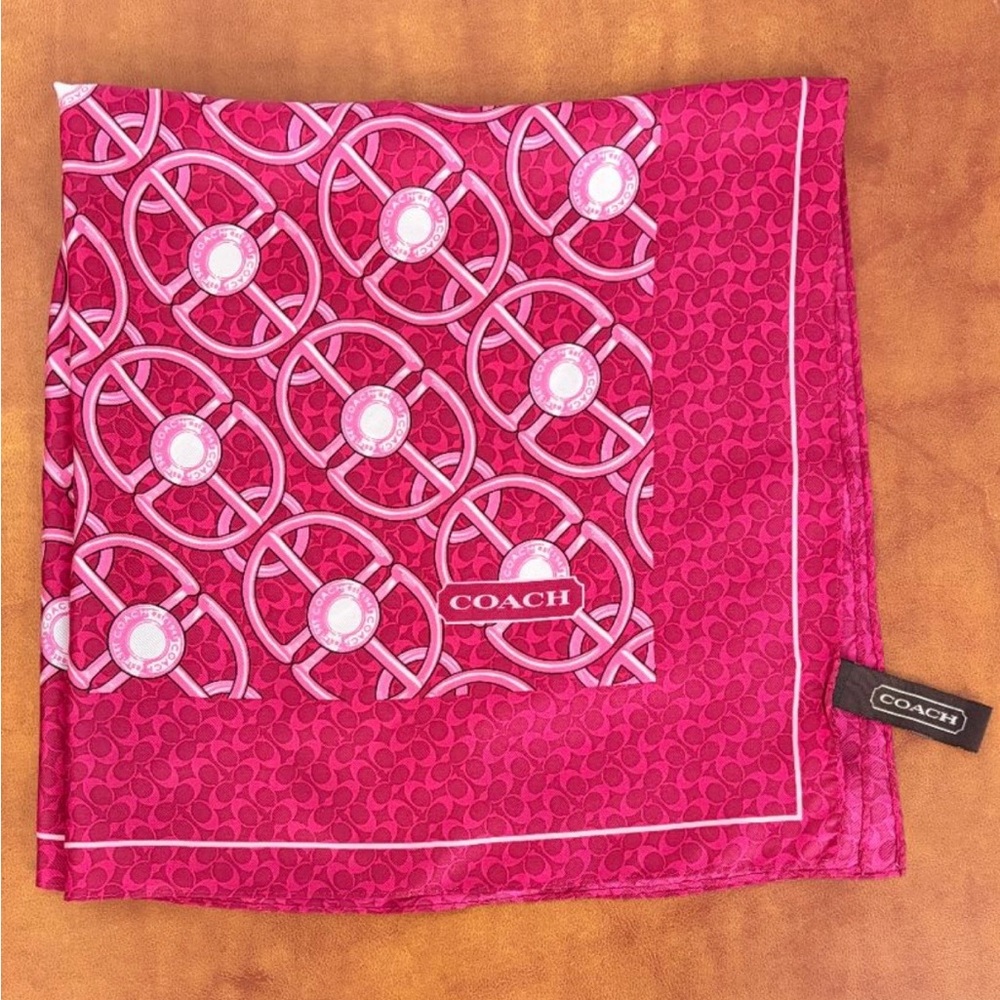 Coach Raspberry Pink Silk Signature Logo Print Square Scarf